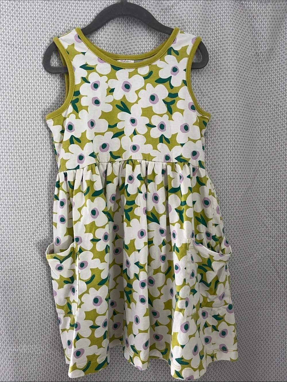 Hanna Andersson White Floral Olive Green Trim Pocket Dress